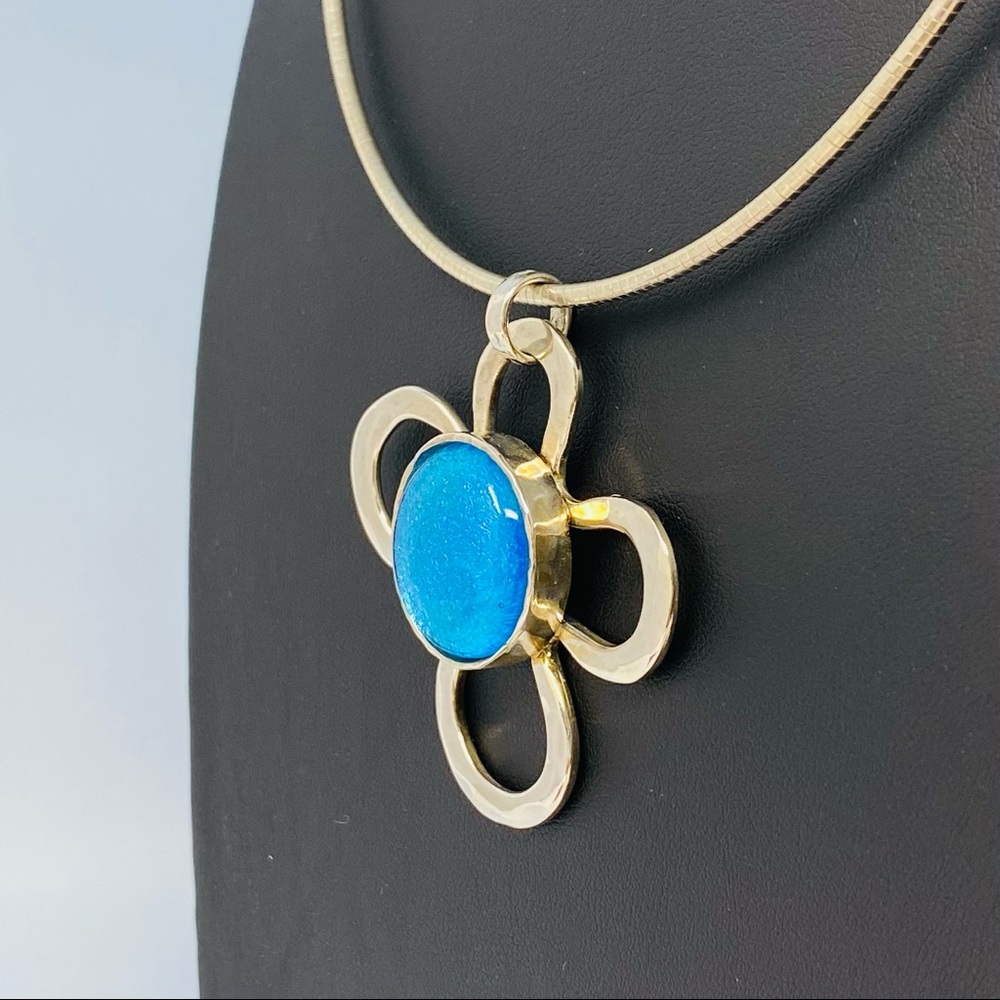 Blue Fused Glass and Sterling Silver Flower Pen… - Picture 2 of 6